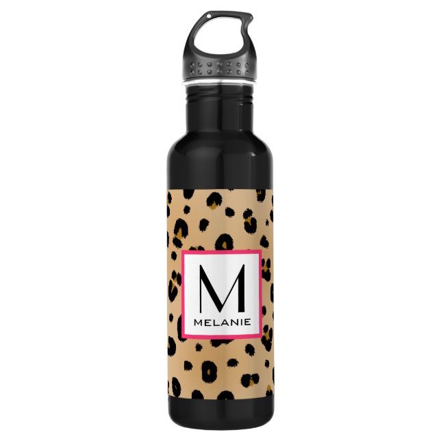 Leopard-Druck-Monogramm Edelstahlflasche (Vorderseite)