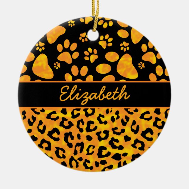 Leopard-Druck und Tatzen-orange Gelb Keramikornament (Vorne)