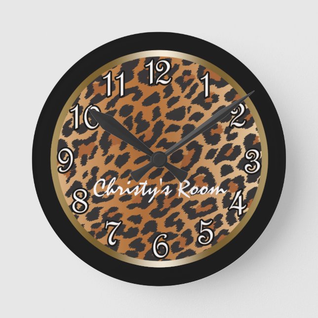 Leopard-Druckschwarzes Goldpersonalisierte Runde Wanduhr (Vorderseite)