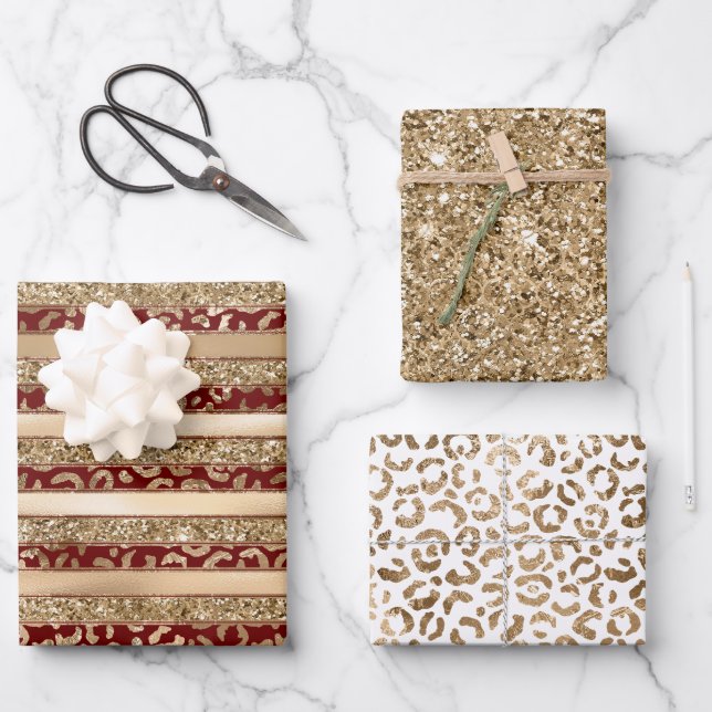 Leopard-Druckstreifen aus Red Gold Glitzer Geschenkpapier Set (Vorderseite)