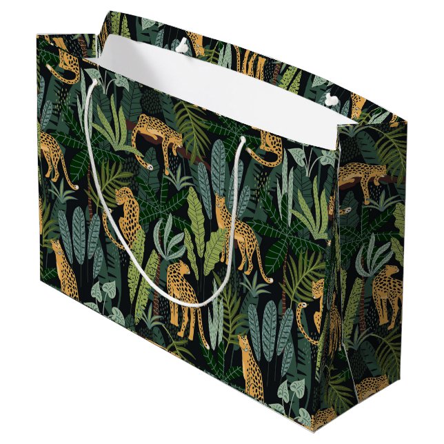 Leopard-Dschungelwald-Illustration Nahtlos Große Geschenktüte (Rückseite Schrägansicht)