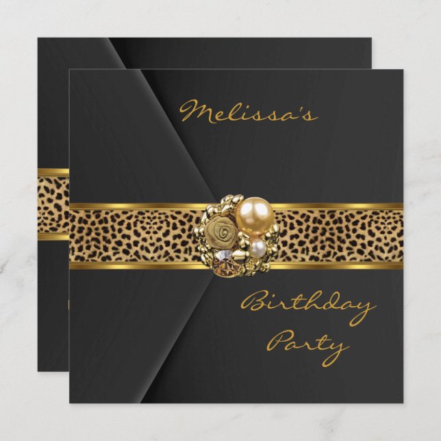 Leopard Einladung Elegantes Goldschmuck aus schwar (Vorne/Hinten)