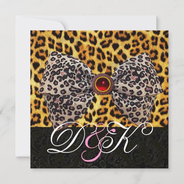 LEOPARD FUR BOW, RED RUBY UND BLACK DAMASK MONOGRA EINLADUNG (Vorderseite)