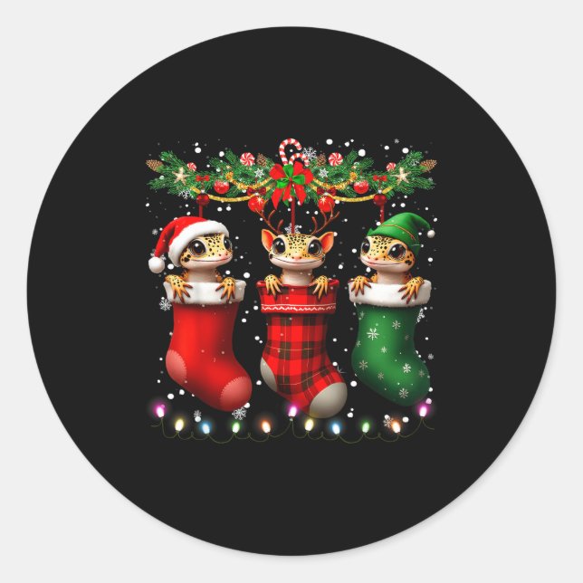 Leopard Gecko In Christmas Socks Lights Leopard Ge Runder Aufkleber (Vorderseite)