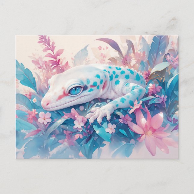 Leopard Gecko with Teal Spot and Tropical Flower Postkarte (Vorderseite)