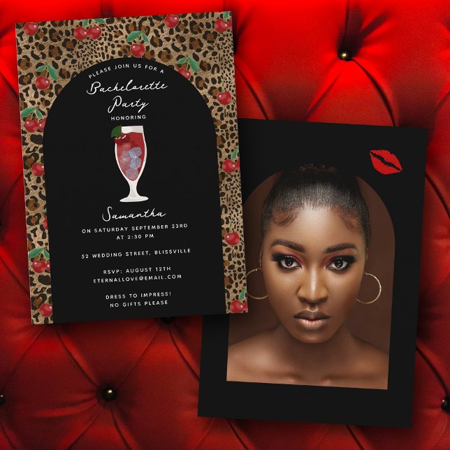 Leopard Gepard Druck Kirsche Junggesellinnenabschi Einladung (Leopard Cheetah Print Cherry Bachelorette Photo Invitation)