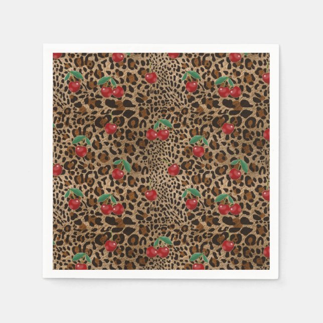Leopard Gepard Tierdruck Rote Kirschen Serviette (Vorderseite)