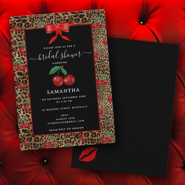 Leopard Gepard Tierprint Kirsche Junggesellinnen-A Einladung (Leopard Cheetah Animal Print Cherry Bridal Shower Invitation)