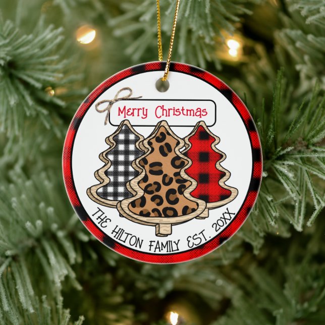 Leopard, Gingham und Buffalo Karierte Weihnachtsba Keramik Ornament (Baum)