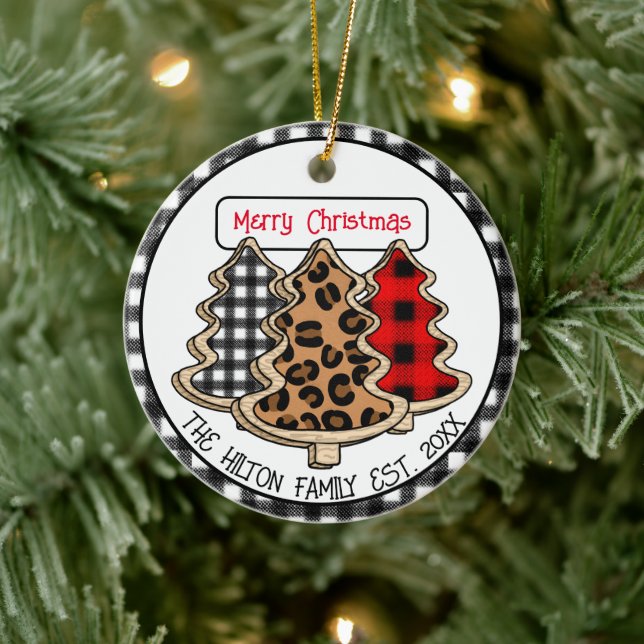 Leopard, Gingham und Buffalo Karierte Weihnachtsba Keramik Ornament (Baum)