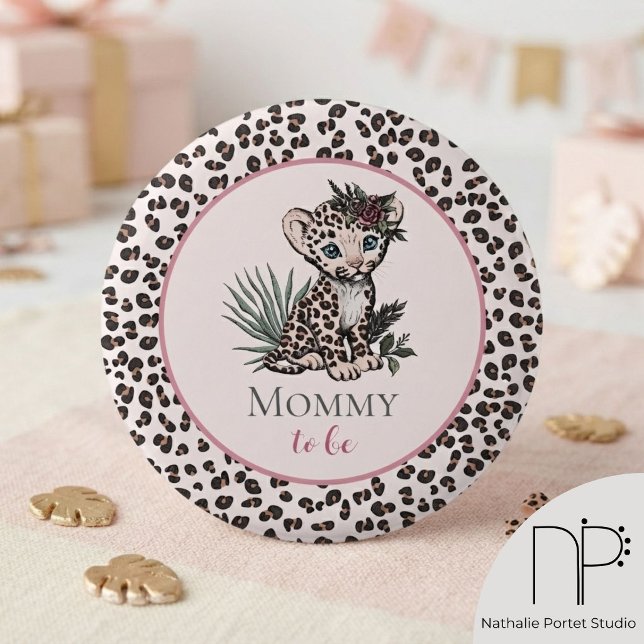 Leopard Girl Cub Pink Pin  Button (hand-drawn baby leopard girl cub and editable Mommy to Be text for safari baby shower guest badges)