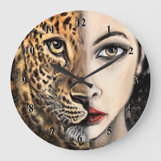 Leopard Girl Face Fantasy Painting Wild Animal Große Wanduhr (Vorderseite)