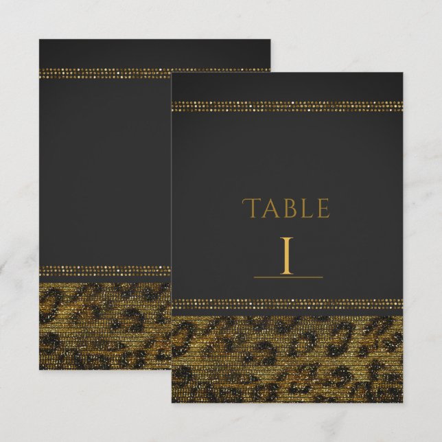 Leopard Glitzernde Pailletten Glam Chic Tischnumme Einladung (Vorne/Hinten)