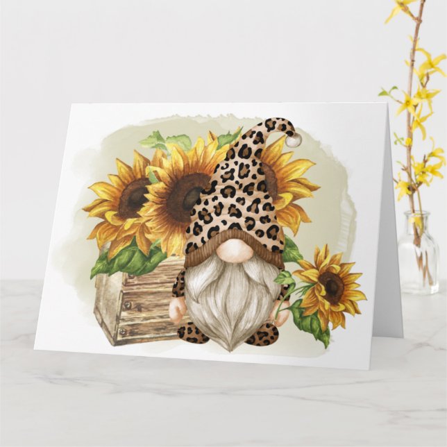 Leopard Gnome Sonnenblumen Karte (Gelbe Blume)