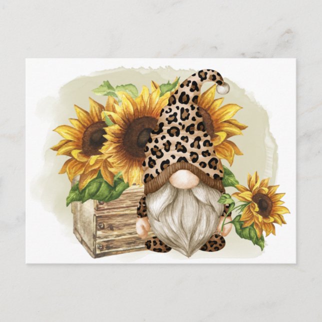 Leopard Gnome Sonnenblumen Postkarte (Vorderseite)