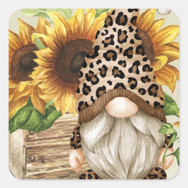 Leopard Gnome Sunflowers Square Sticker (Vorderseite)