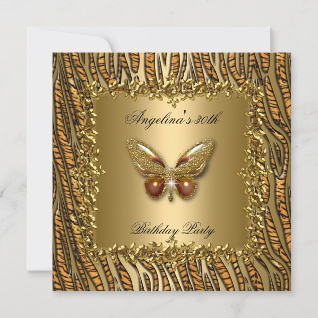 Leopard Gold Butterfly Geburtstagsparty 50. Einladung (Vorderseite)