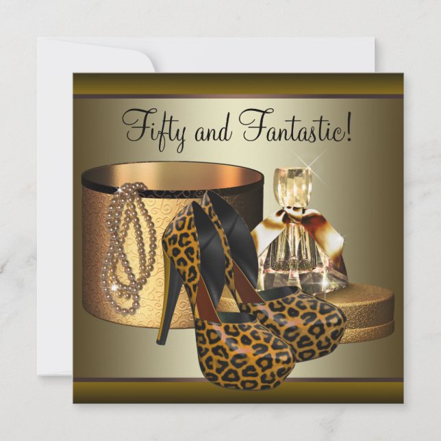 Leopard-Goldfrauen mit High Heel Schuhe 50. Geburt Einladung (Vorderseite)