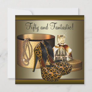 Leopard-Goldfrauen mit High Heel Schuhe 50. Geburt Einladung