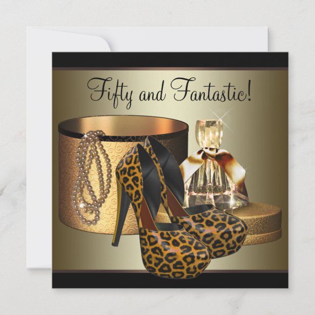 Leopard-Goldfrauen mit High Heel Schuhe 50. Geburt Einladung (Vorderseite)