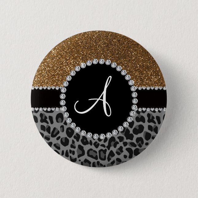 Leopard-GoldGlitter des Monogramms schwarzer Button (Vorderseite)
