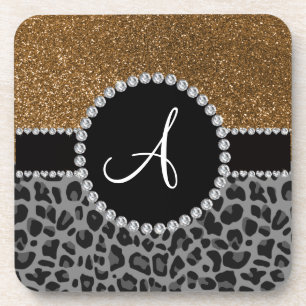 Leopard-GoldGlitter des Monogramms schwarzer Untersetzer
