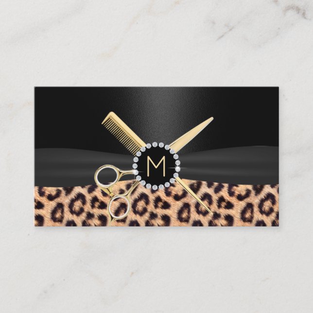 Leopard Hair Stylist Gold Scissor & Comb Luxus Visitenkarte (Vorderseite)