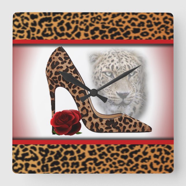 Leopard & High Heel & Rote Rose Quadratische Wanduhr (Vorderseite)