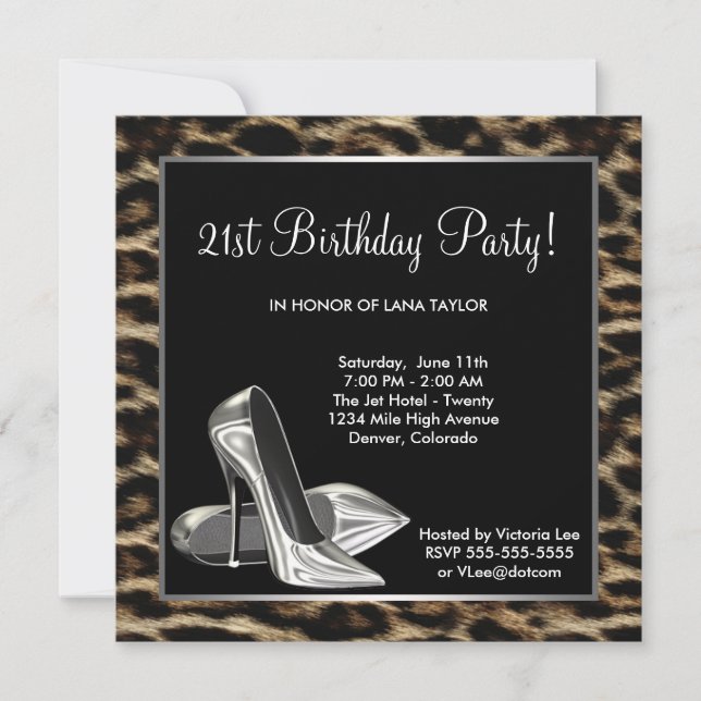 Leopard High Heel Shoe Frauen Geburtstag Einladung (Vorderseite)