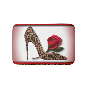 Leopard-hohe Ferse u. Rote Rose Badematte