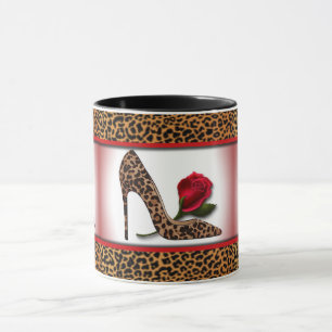 Leopard-hohe Ferse u. Rote Rose Tasse