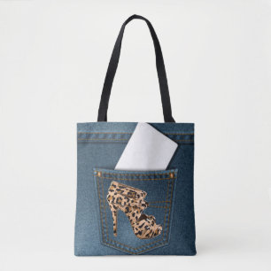 Leopard-hoher Absatz u. blaue Jean-Muster-Tasche