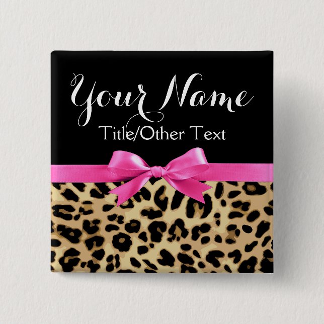 Leopard Hot Pink Bow Personalisiert Name Tag Button (Vorderseite)