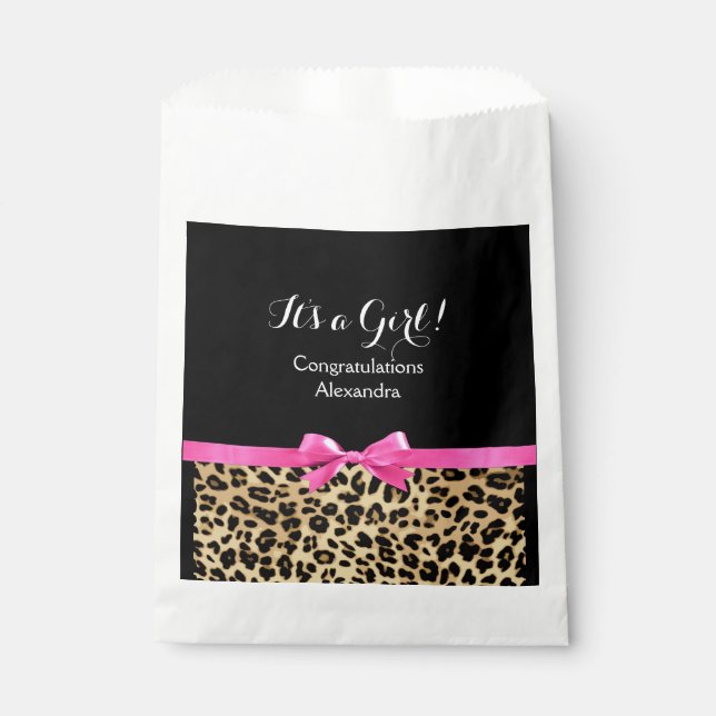 Leopard Hot Pink Bow The a Girl Safari Babydusche Geschenktütchen (Vorderseite)