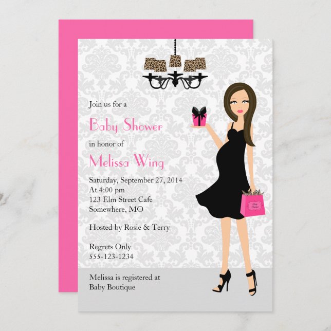 Leopard Hot Pink Schwangere Mama Kinderdusche Einladung (Vorne/Hinten)