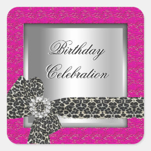 Leopard Hot Pink silberner Geburtstagsfeier Quadratischer Aufkleber