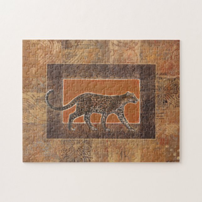 Leopard im orangefarbenen und braunen Hintergrund Puzzle (Horizontal)