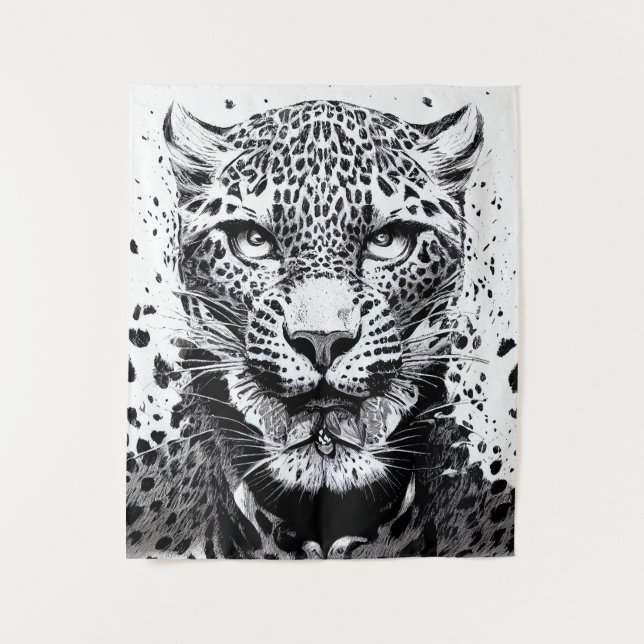 Leopard Jaguar Wild Nature Illustration Line Epic Wandteppich (Vorderseite)