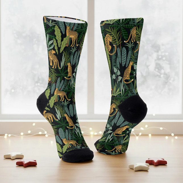 Leopard Jungle Forest Illustration Seamless Custom Socken (Von Creator hochgeladen)