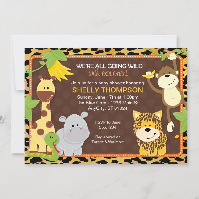 Leopard Jungle Friends Orange Babydusche Invitati Einladung (Vorderseite)