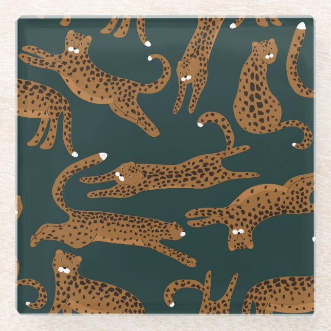 Leopard Jungle: Tierdruck Vintag. Glasuntersetzer (Vorderseite)