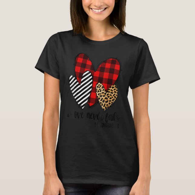 Leopard & Kariert Print Heart Valentine Liebe Nie T-Shirt (Vorderseite)