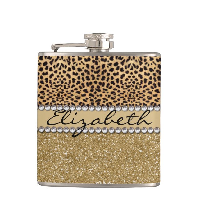 Leopard-Kassagold-Glitzer-diamante de imitación Flachmann (Vorderseite)