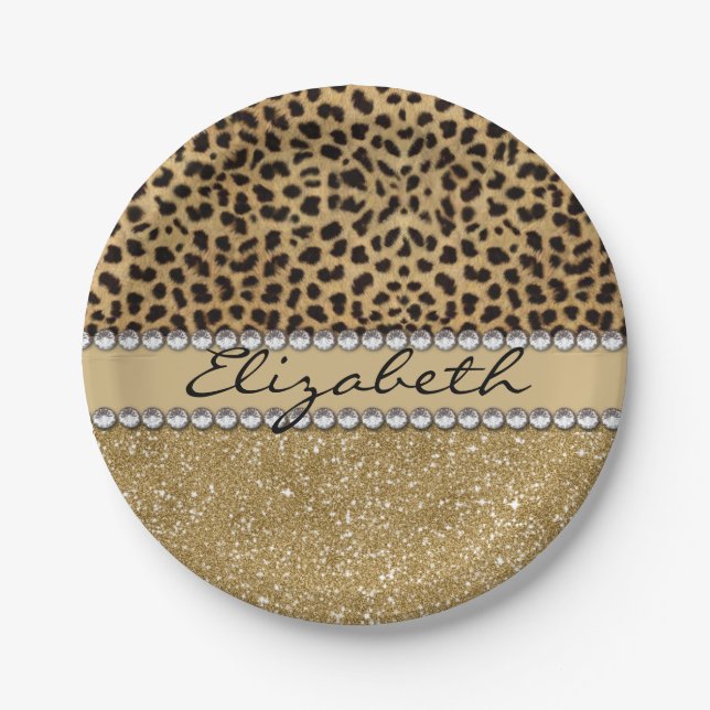 Leopard-Kassagold-Glitzer-diamante de imitación Pappteller (Vorderseite)
