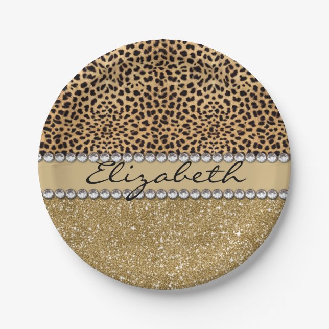 Leopard-Kassagold-Glitzer-diamante de imitación Pappteller (Vorderseite)