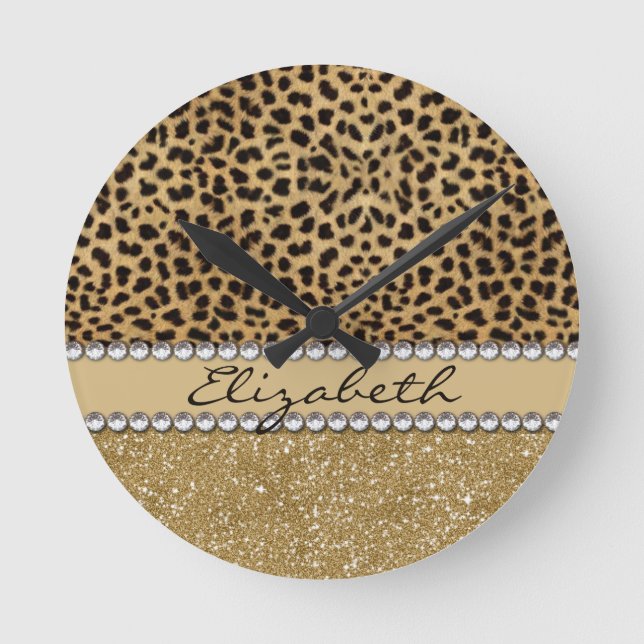 Leopard-Kassagold-Glitzer-diamante de imitación Runde Wanduhr (Vorderseite)