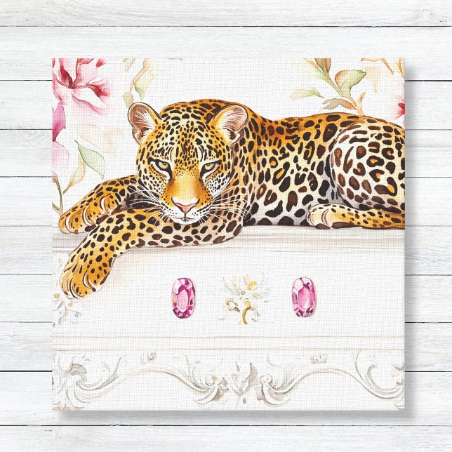 Leopard-Katze Leinwanddruck (Lounging Leopard Cat on White Dresser with Roses Canvas Print for Bathroom or Girls room Decor)