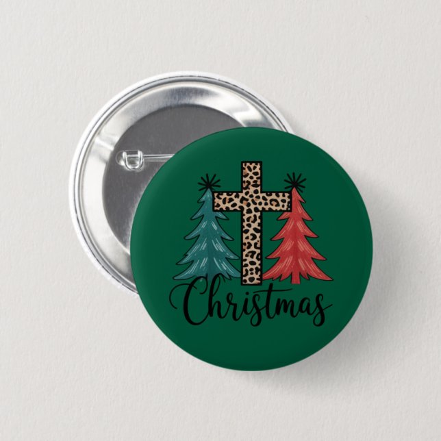 Leopard Kreuz Weihnachtsbäume Christlich  Button (Vorne & Hinten)