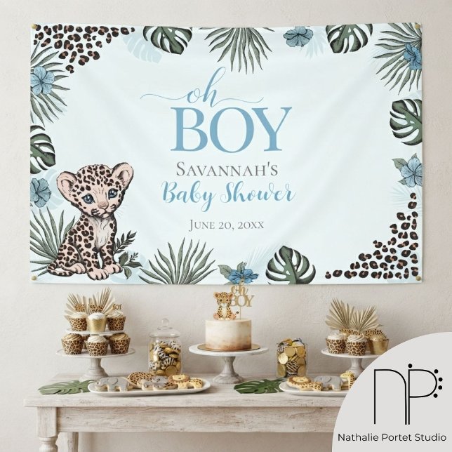 Leopard-Küken Blau Baby Shower Banner (Leopard Cub Blue Baby Shower Banner with baby boy leopard, jungle leaf border for safari party decor)
