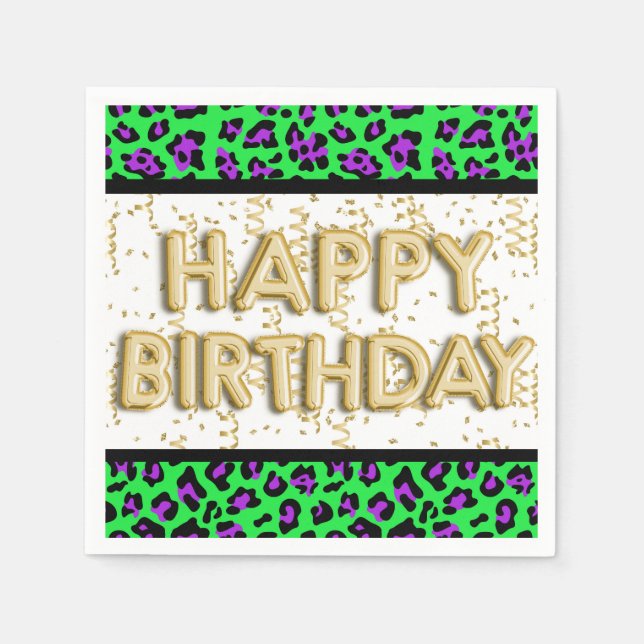 Leopard Lila Green Gold Happy Birthday Serviette (Vorderseite)